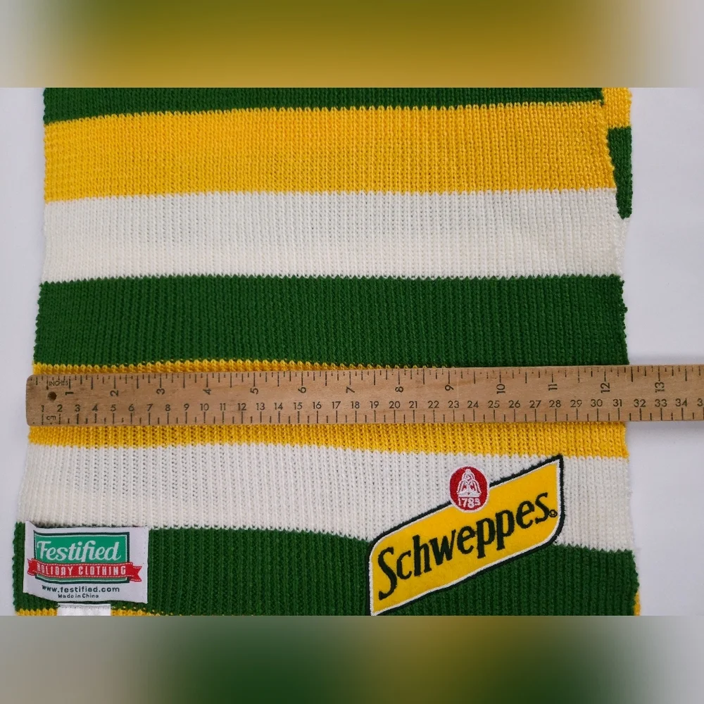 Schweppes Festified Holiday Clothing Scarf Green Yellow White Acrylic & Wool